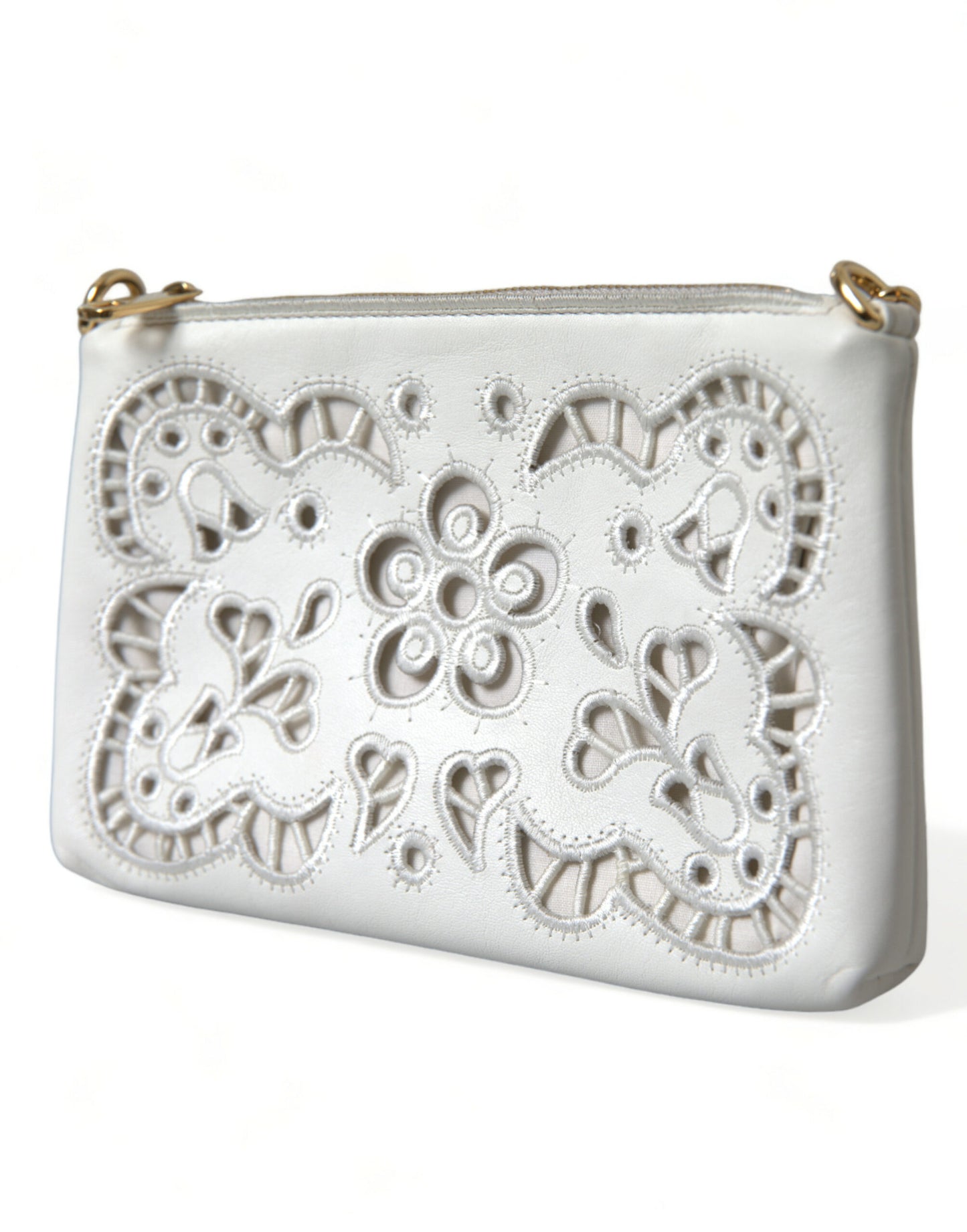 White Floral Embroidered Leather Chain Clutch Bag