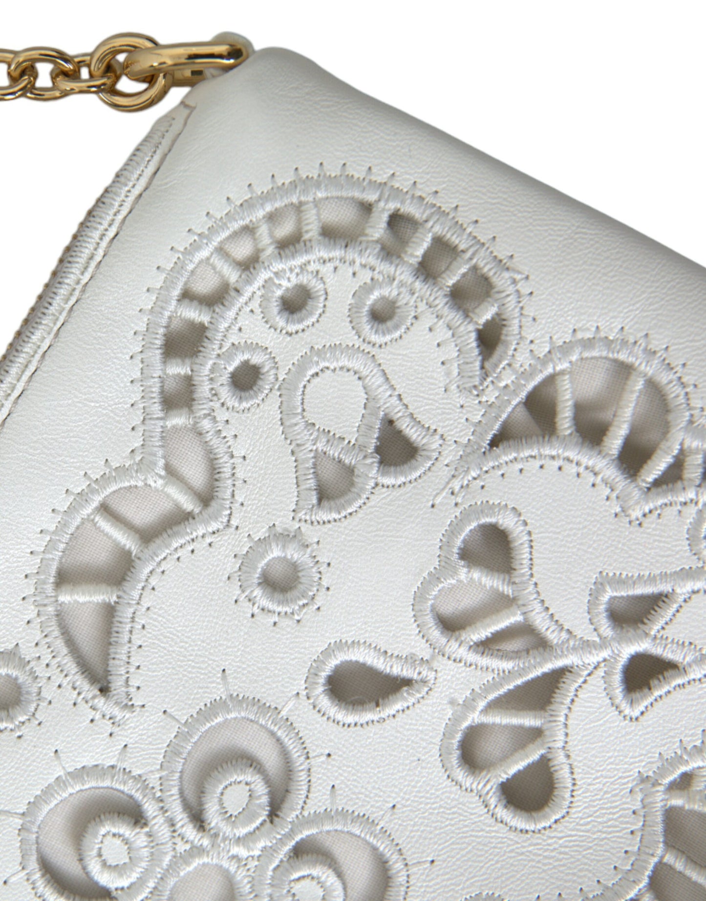 White Floral Embroidered Leather Chain Clutch Bag