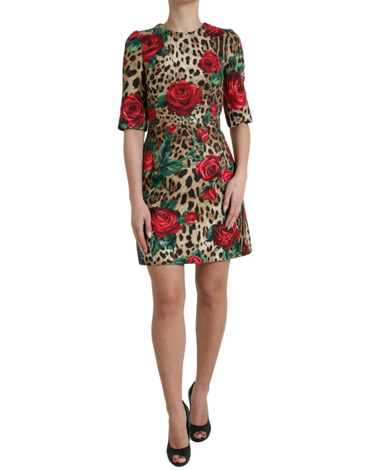 Brown Leopard Red Roses Cotton A-line Dress