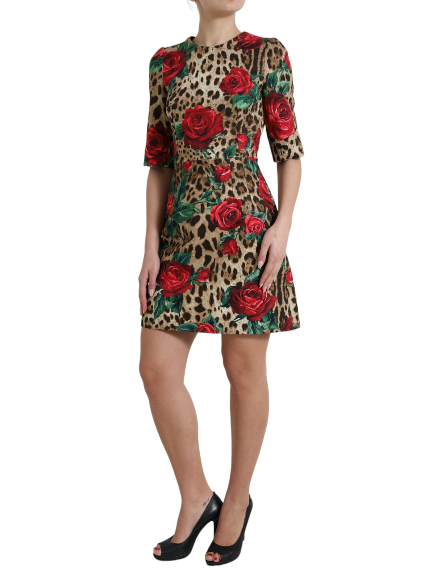 Brown Leopard Red Roses Cotton A-line Dress