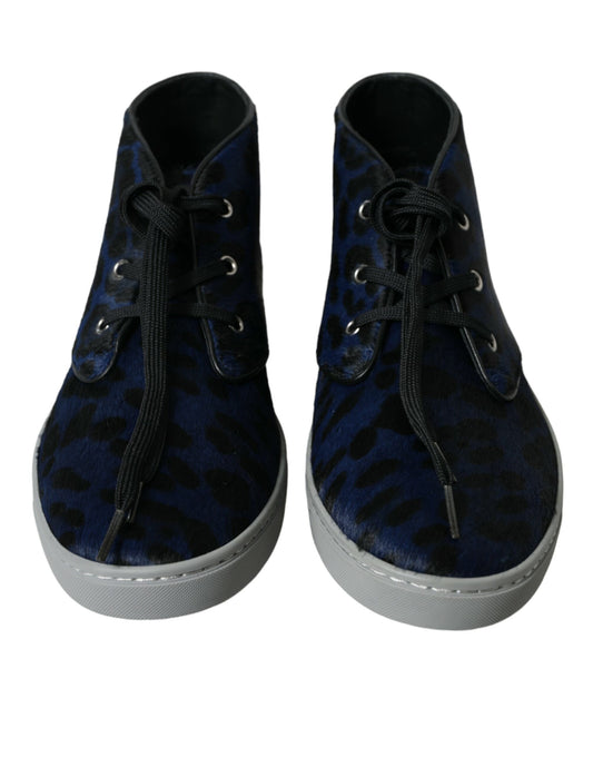 Blue Calfskin Leopard Mid Top Sneakers Shoes