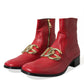 Red DG Buckle Leather Mid Calf Boots Shoes