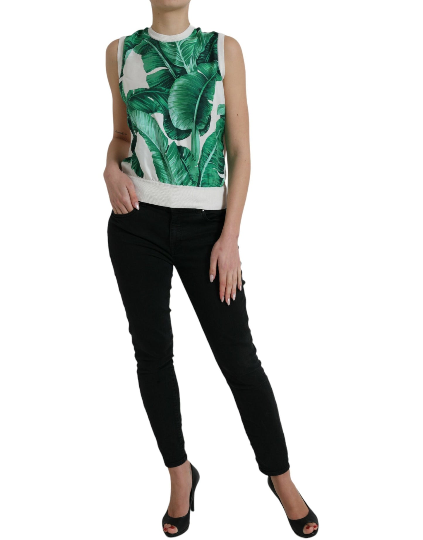 White Banana Leaf Print Crew Neck Tank Top