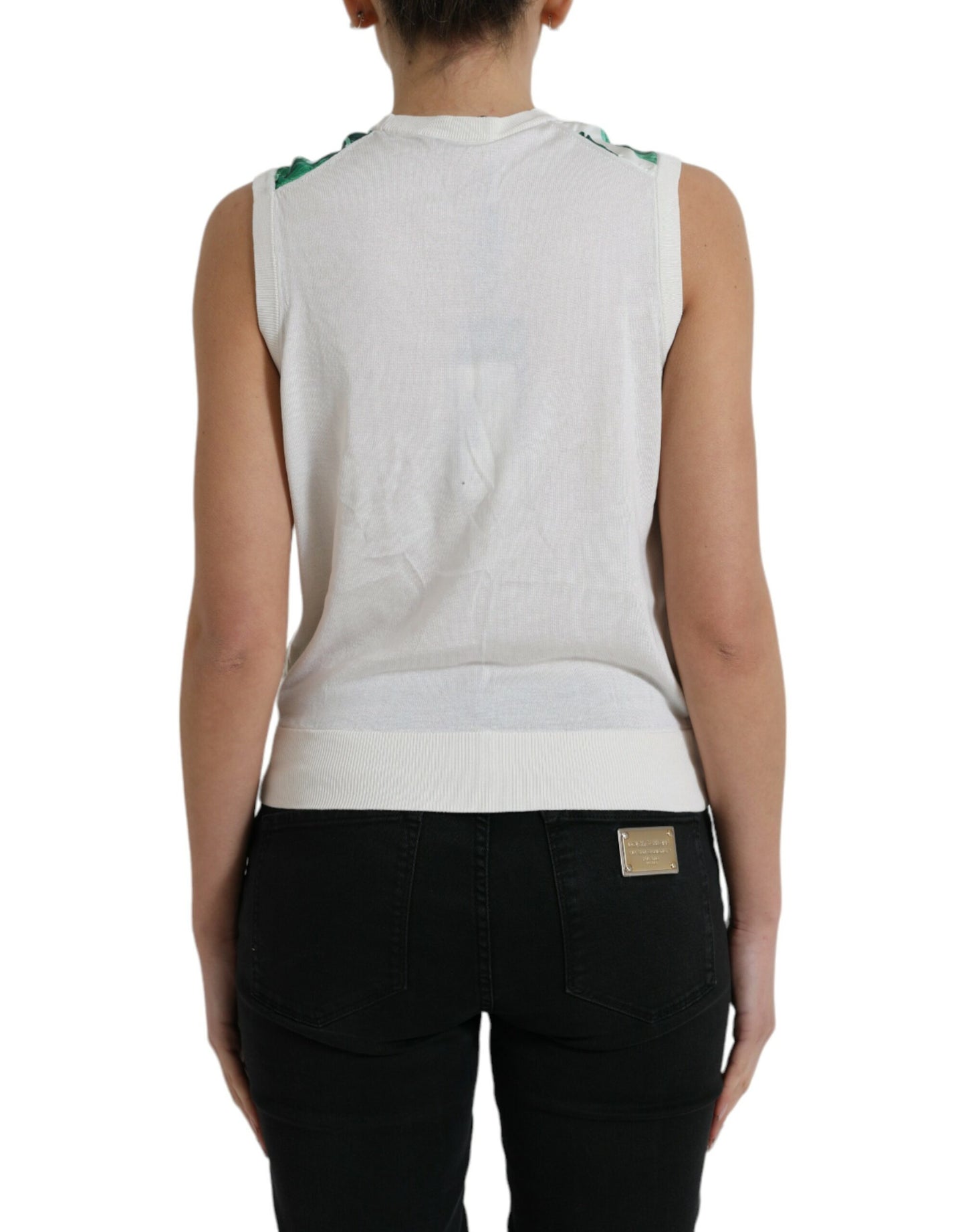 White Banana Leaf Print Crew Neck Tank Top