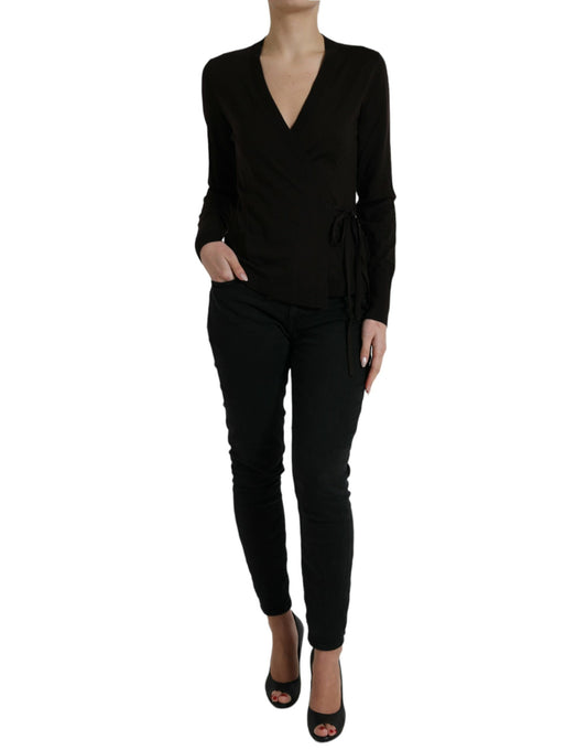 Black Wool V-neck Crossed Cardigan Sweater