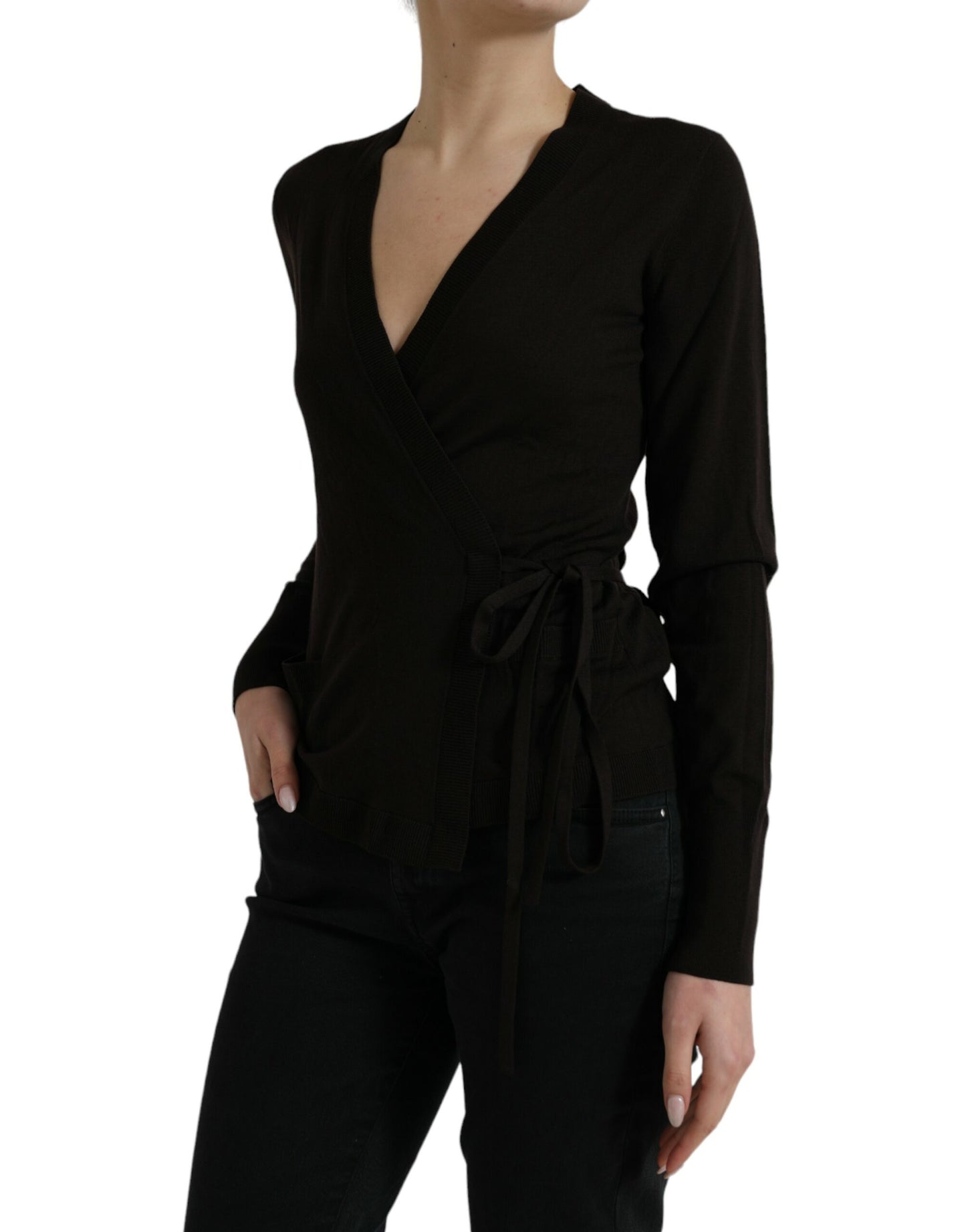 Black Wool V-neck Crossed Cardigan Sweater