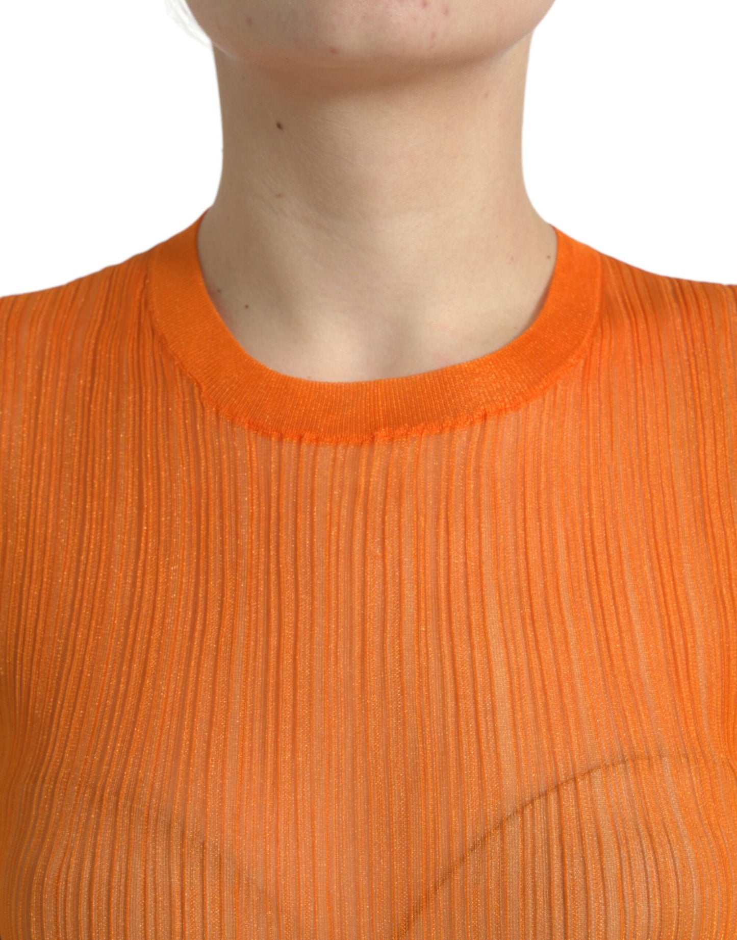 Orange See Through Crew Neck Blouse Tank Top