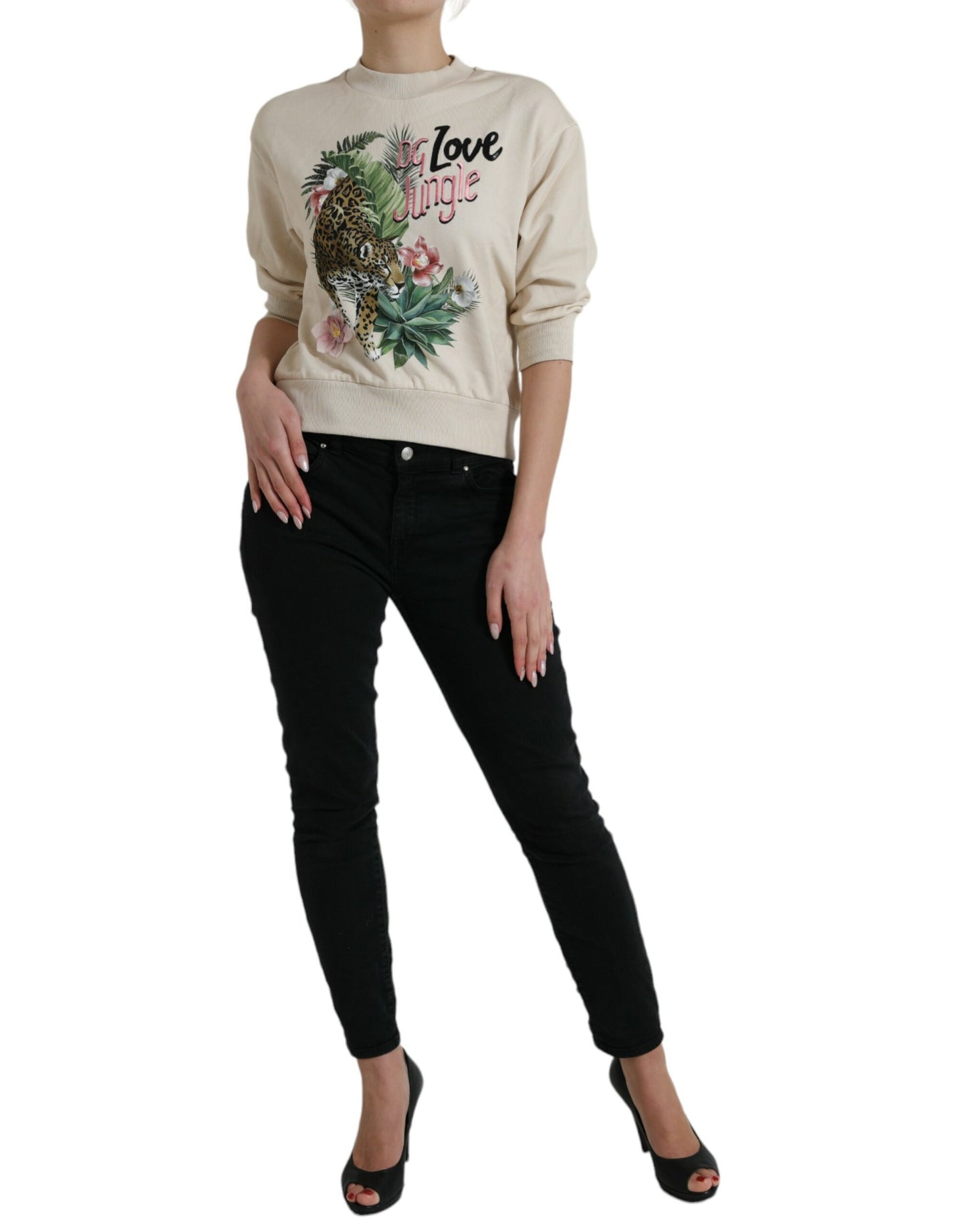 Beige Jungle Printed Cotton Pullover Sweater