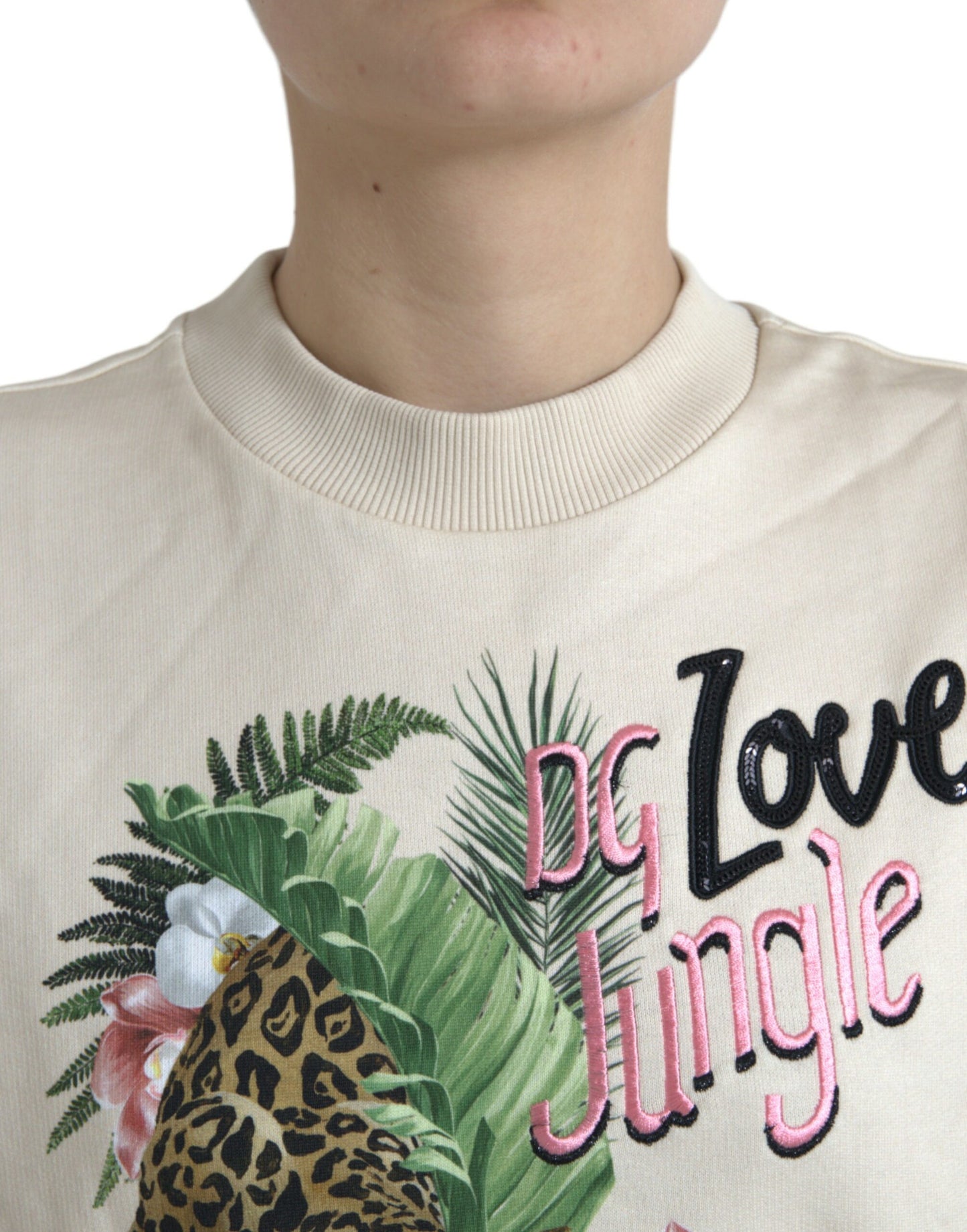 Beige Jungle Printed Cotton Pullover Sweater