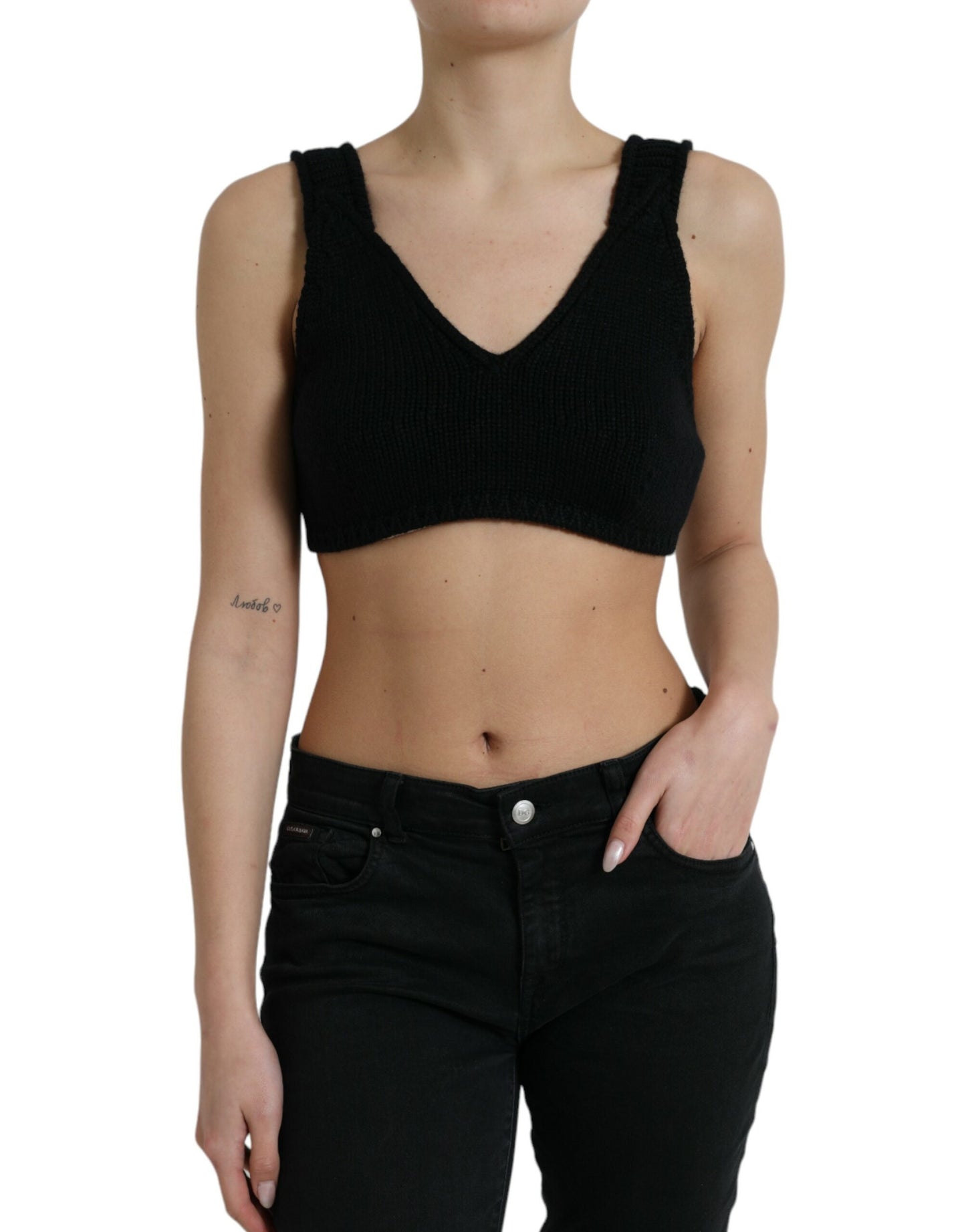 Black Cropped Cashmere V-neck Bustier Top