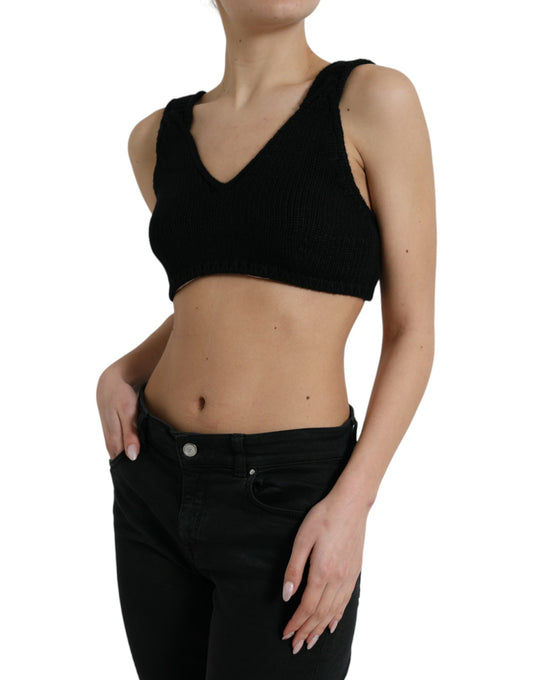 Black Cropped Cashmere V-neck Bustier Top