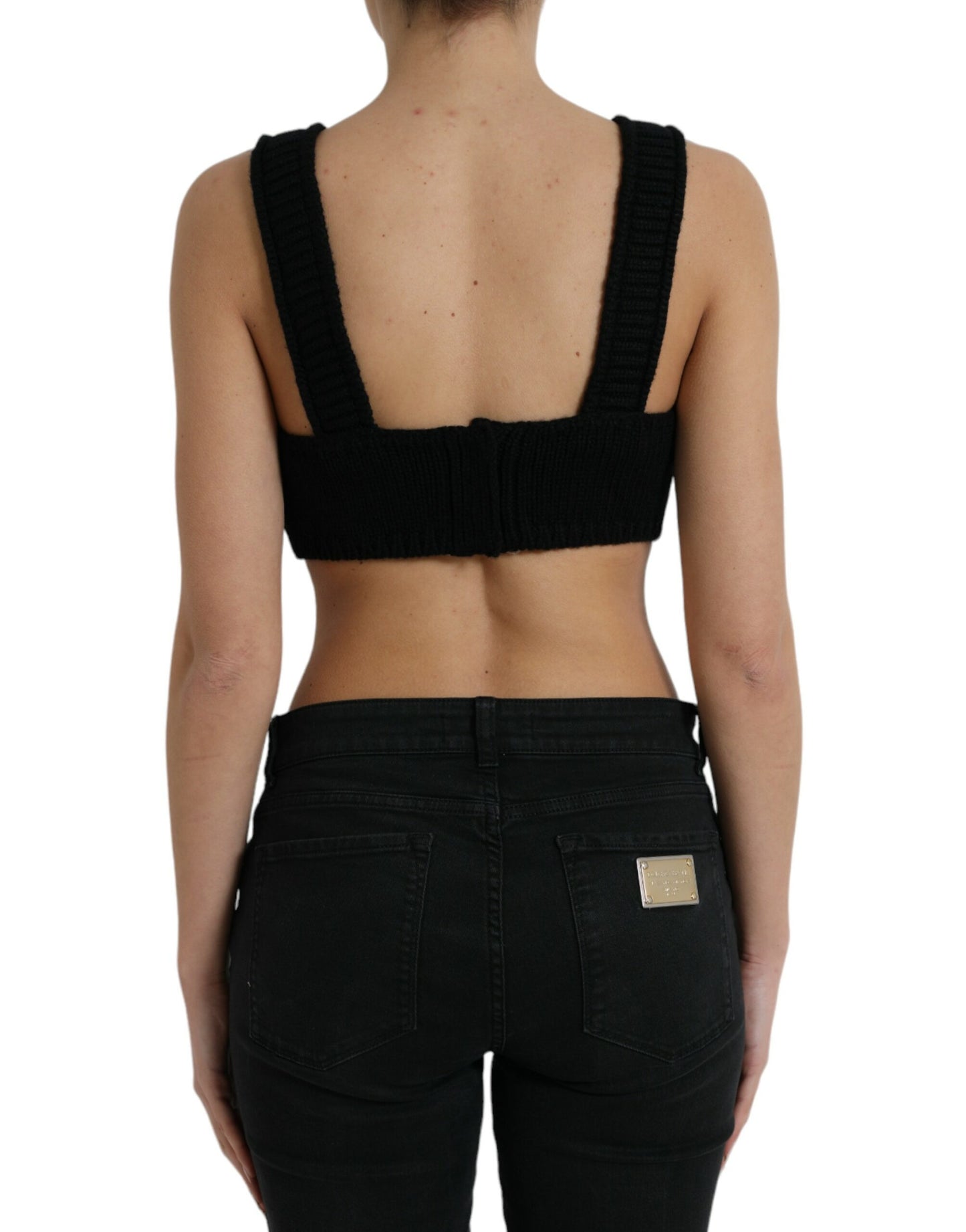 Black Cropped Cashmere V-neck Bustier Top