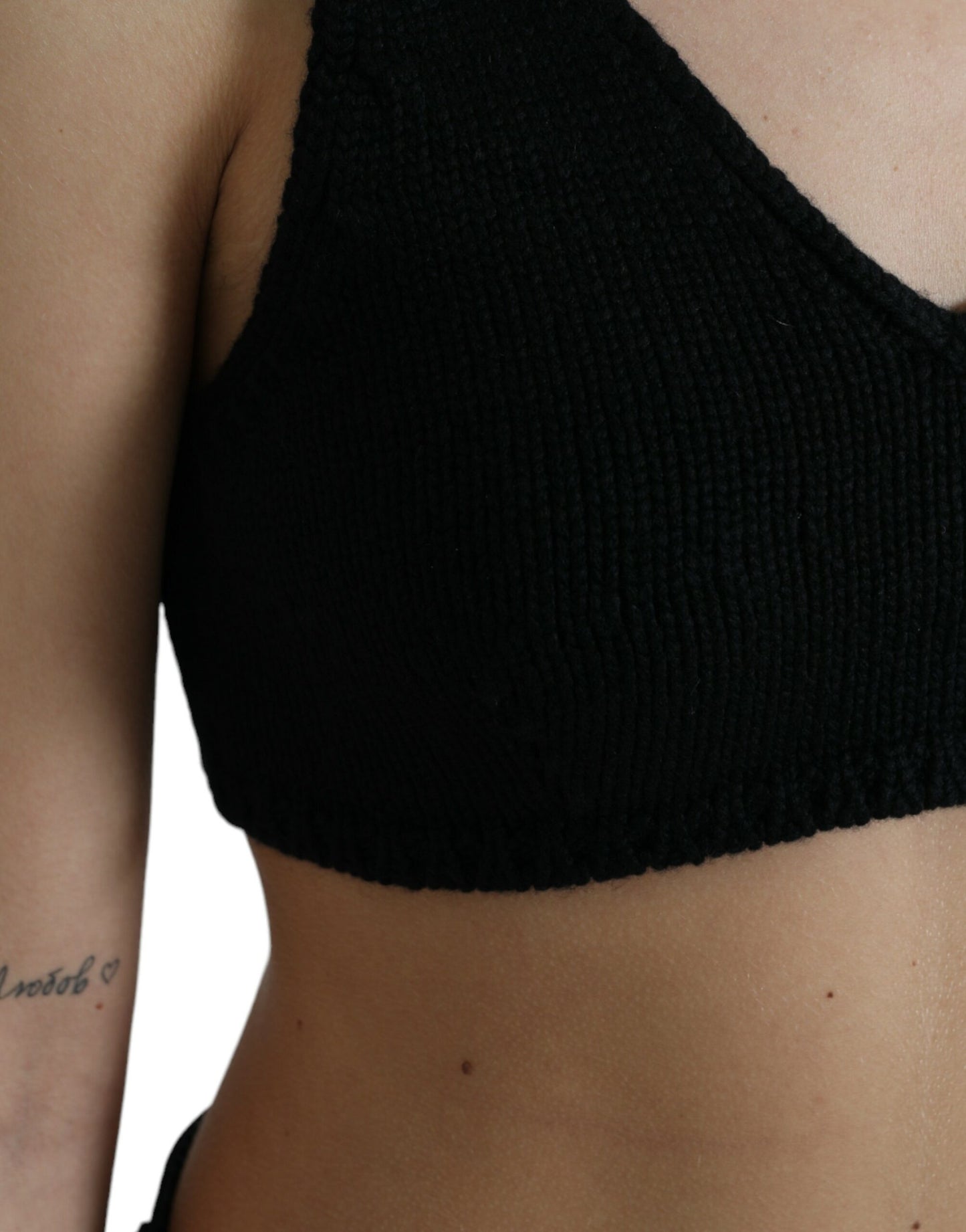 Black Cropped Cashmere V-neck Bustier Top