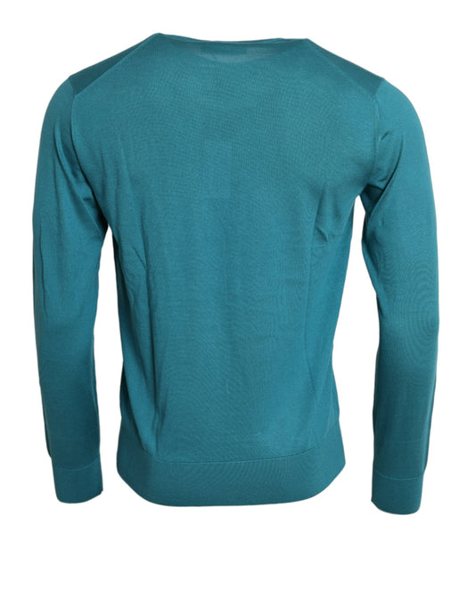 Blue Silk Crew Neck Pullover Sweater