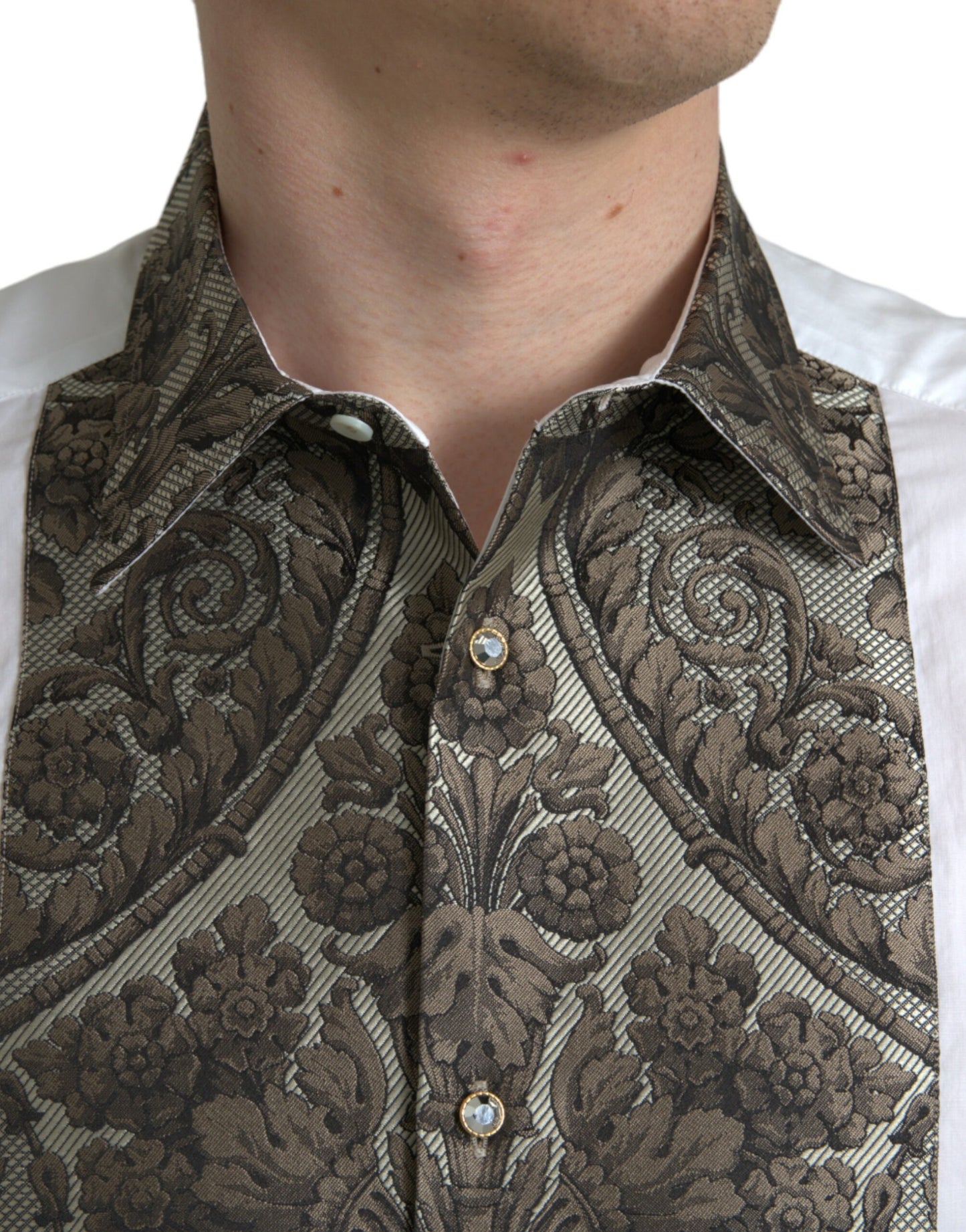 White Floral Brocade GOLD Dress Shirt