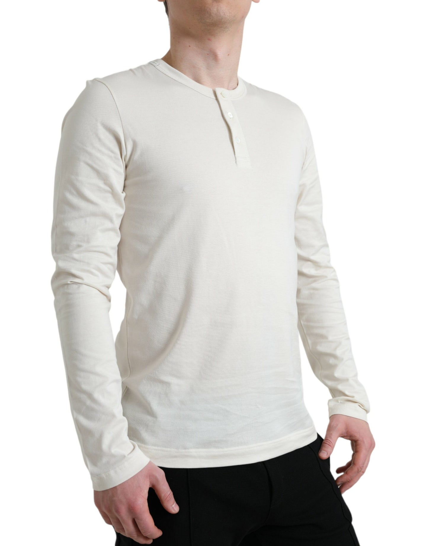 Off White Cotton Henley Pullover Sweater