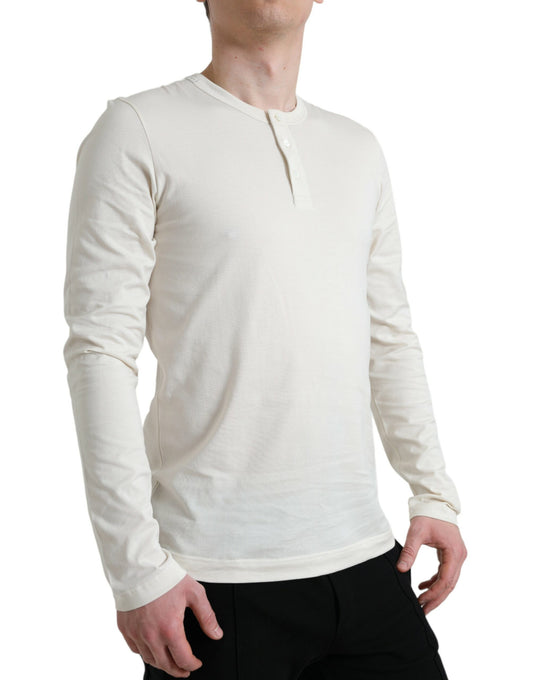 Off White Cotton Henley Pullover Sweater