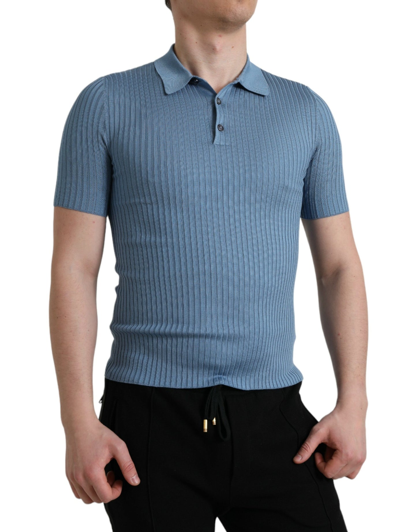 Sky Blue Henley Silk Short Sleeves T-shirt