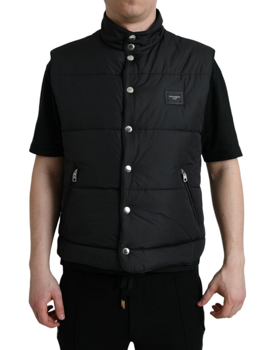 Black Polyester Padded Vest Logo Jacket