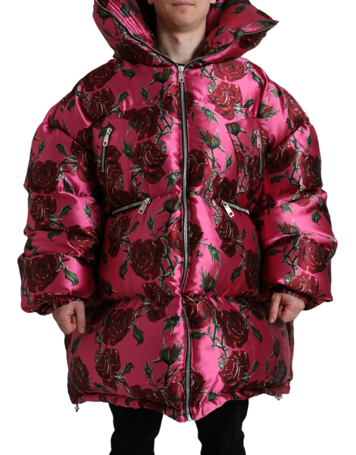 Pink Roses Pattern Hooded Padded Zip Jacket