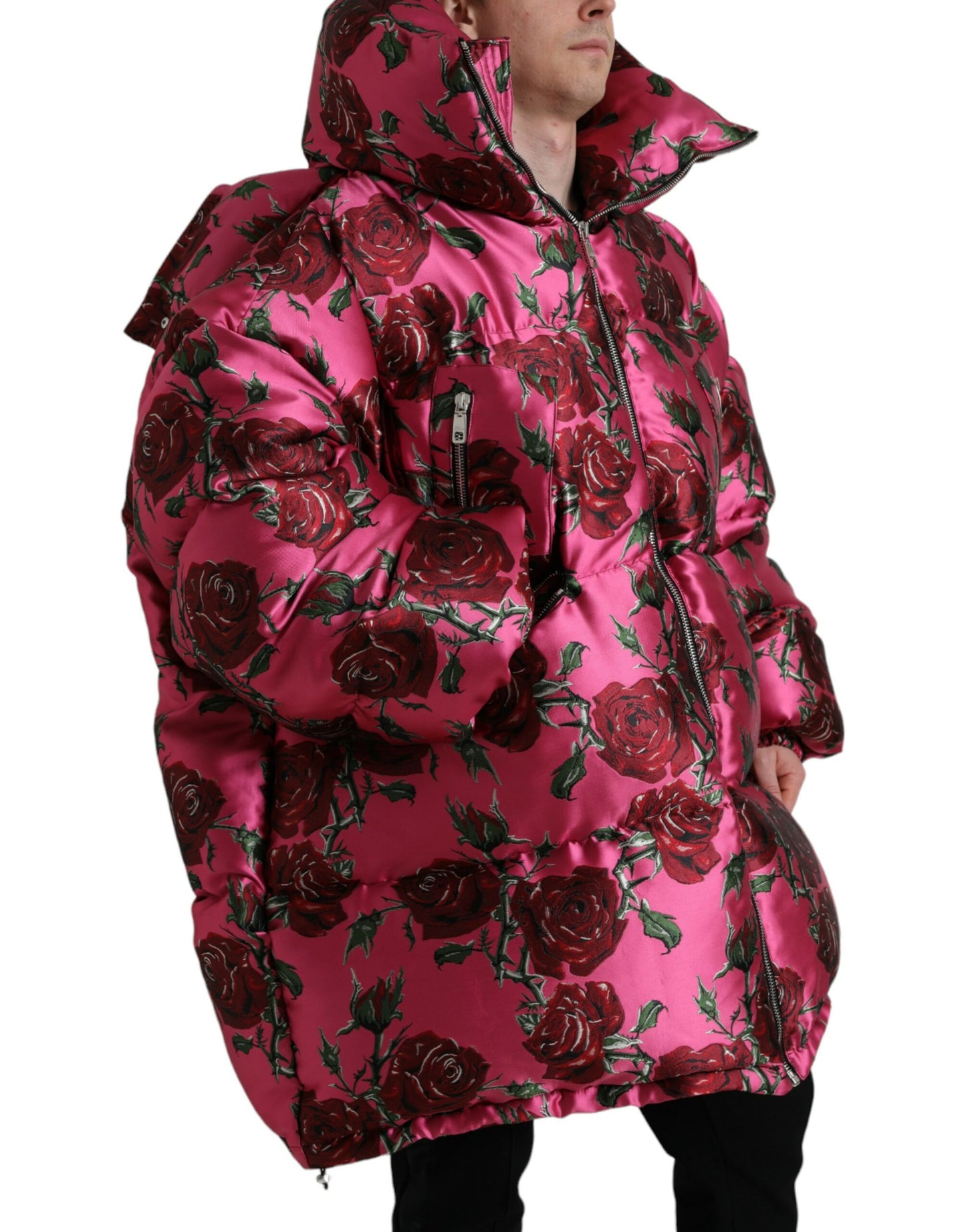 Pink Roses Pattern Hooded Padded Zip Jacket