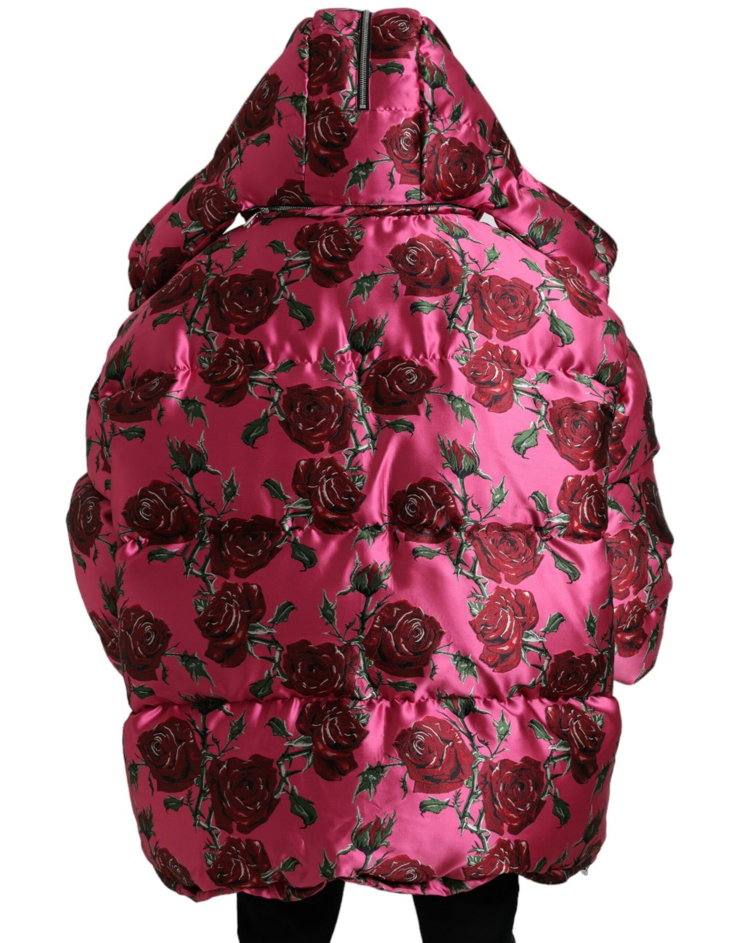 Pink Roses Pattern Hooded Padded Zip Jacket