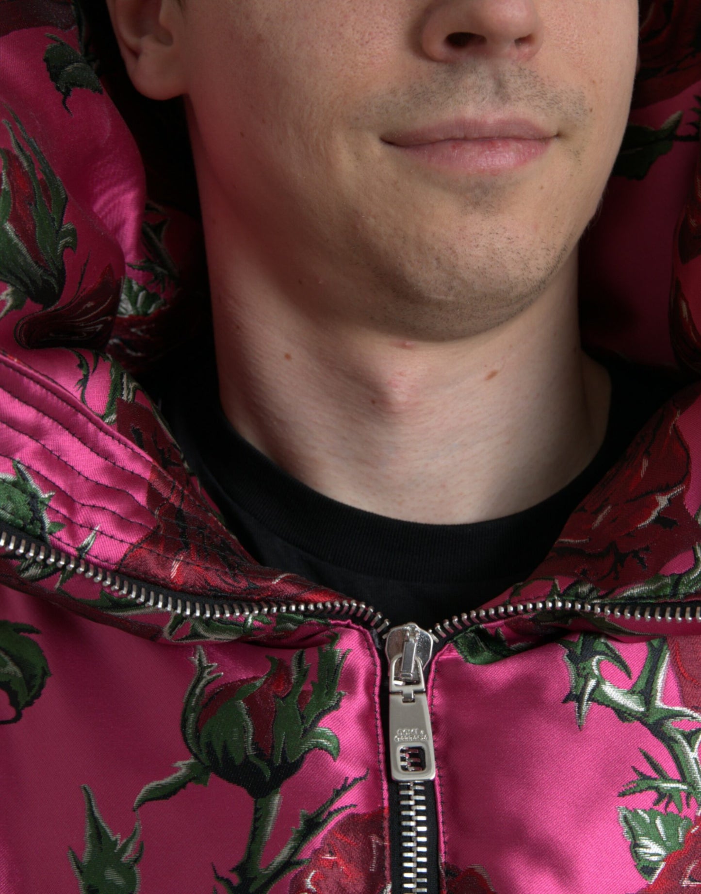 Pink Roses Pattern Hooded Padded Zip Jacket