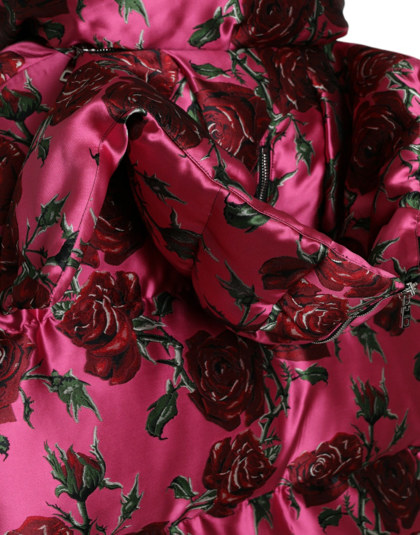 Pink Roses Pattern Hooded Padded Zip Jacket