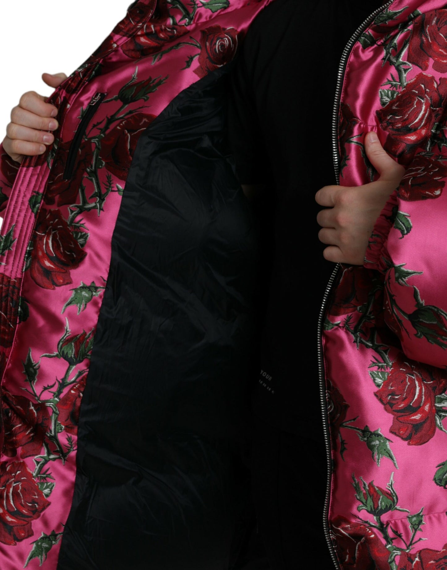 Pink Roses Pattern Hooded Padded Zip Jacket