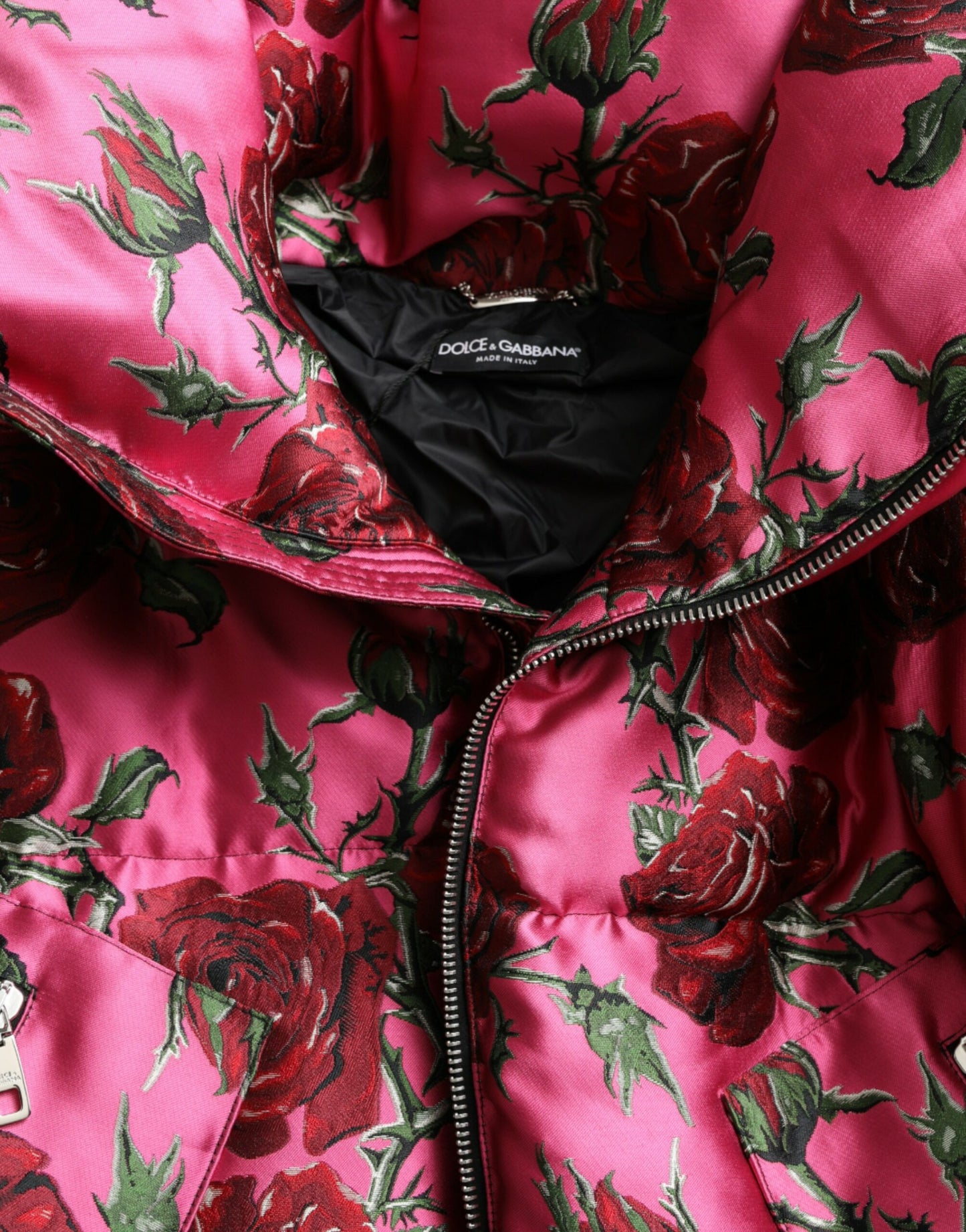 Pink Roses Pattern Hooded Padded Zip Jacket