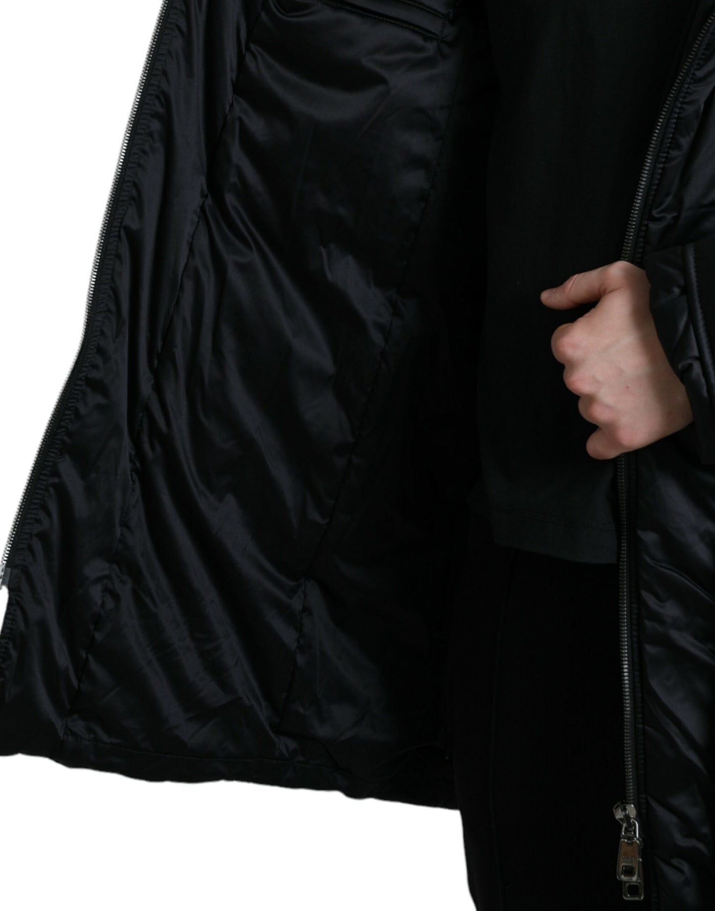 Black Polyester Hooded Logo Full Zip Jacket