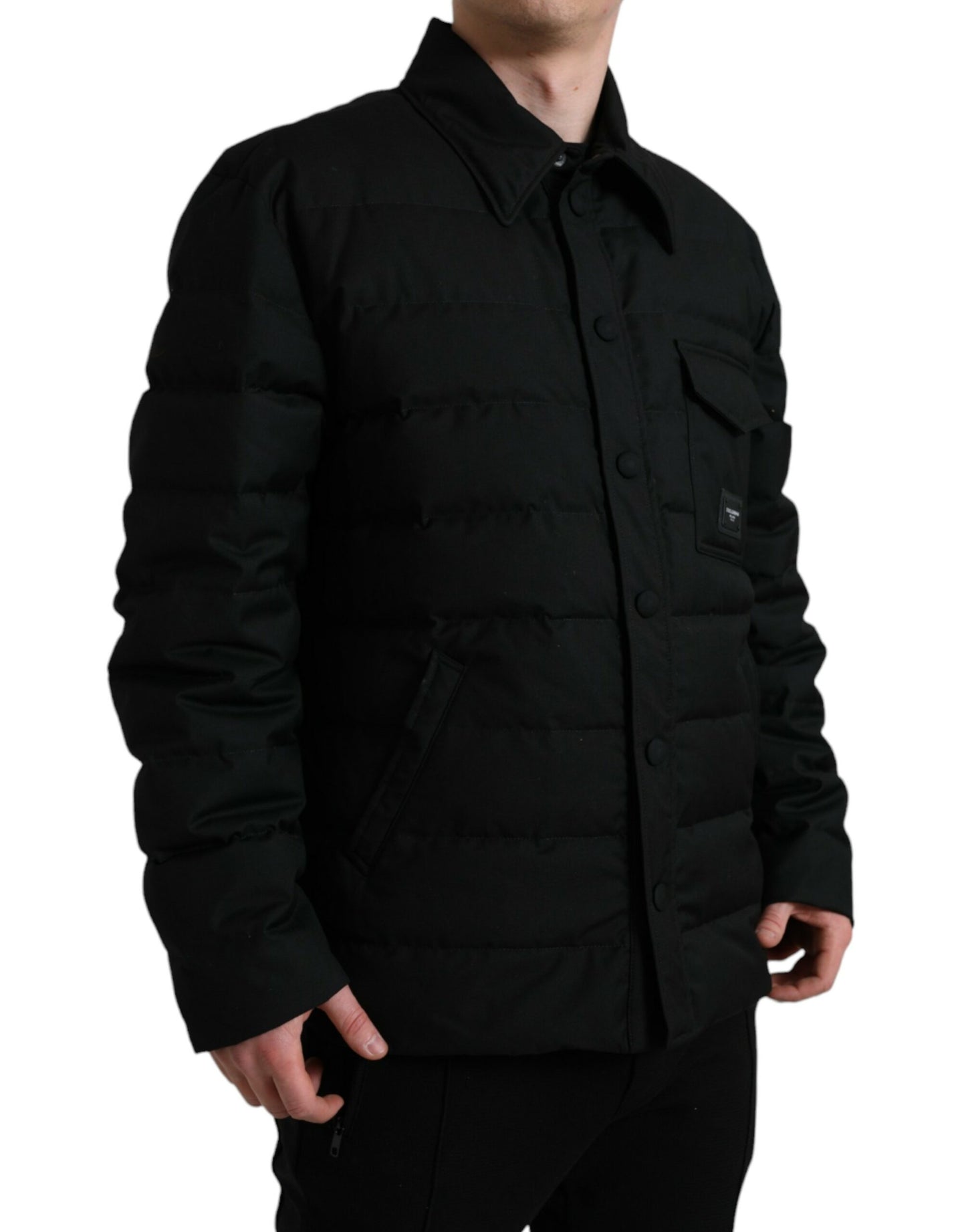 Black Polyester Collared Padded Logo Jacket