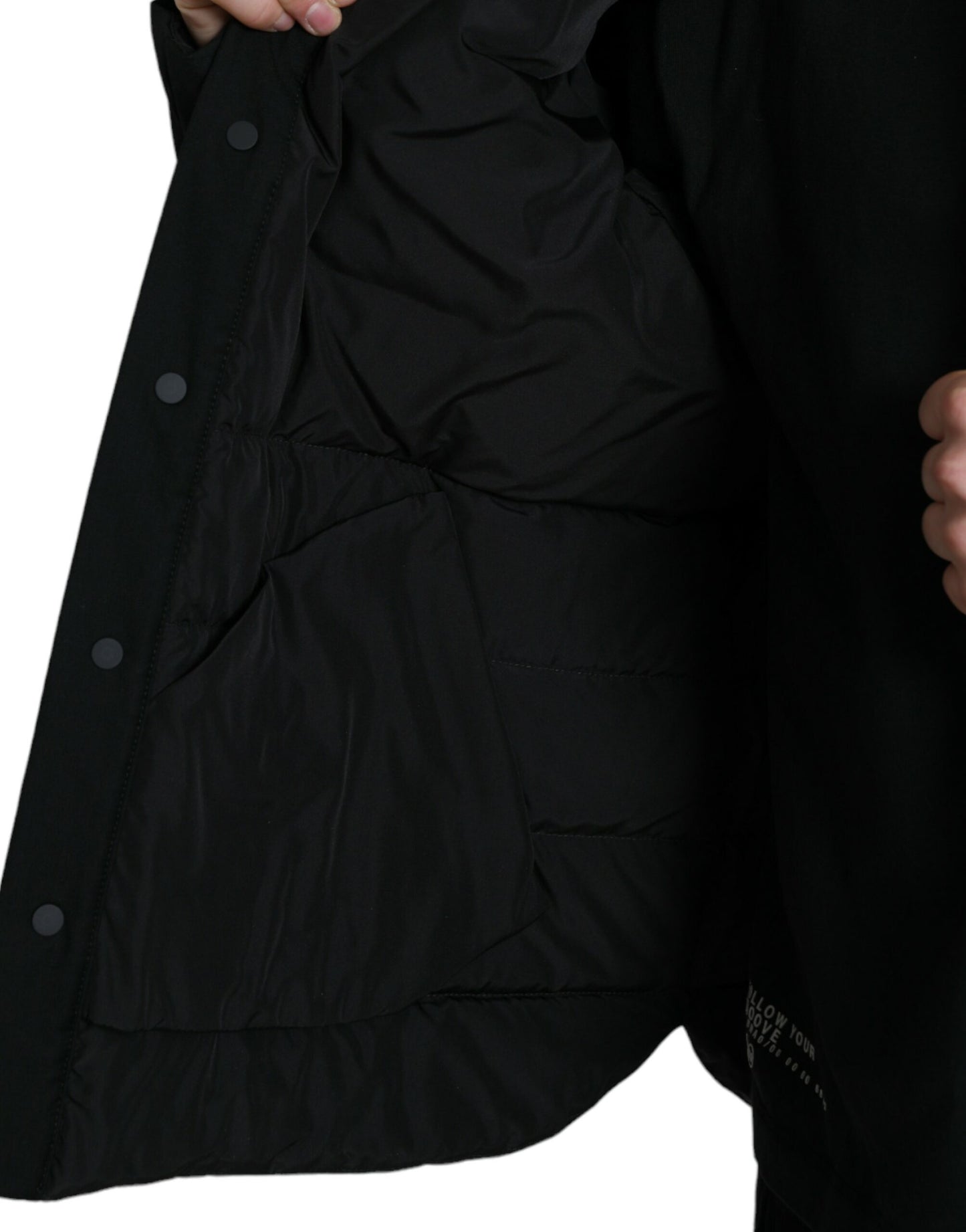 Black Polyester Collared Padded Logo Jacket