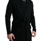 Black Cashmere Long Sleeves Belted Wrap Robe