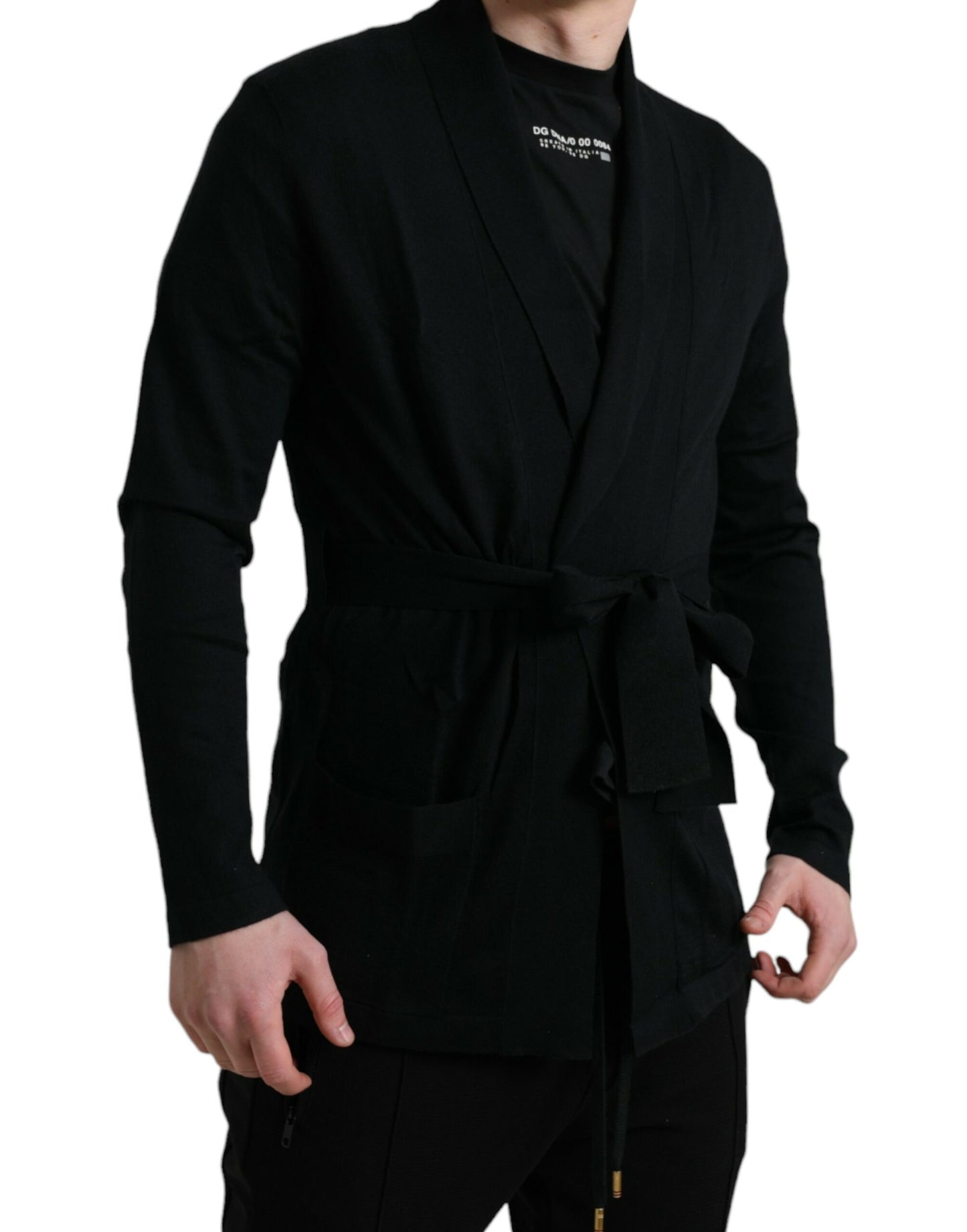 Black Cashmere Long Sleeves Belted Wrap Robe