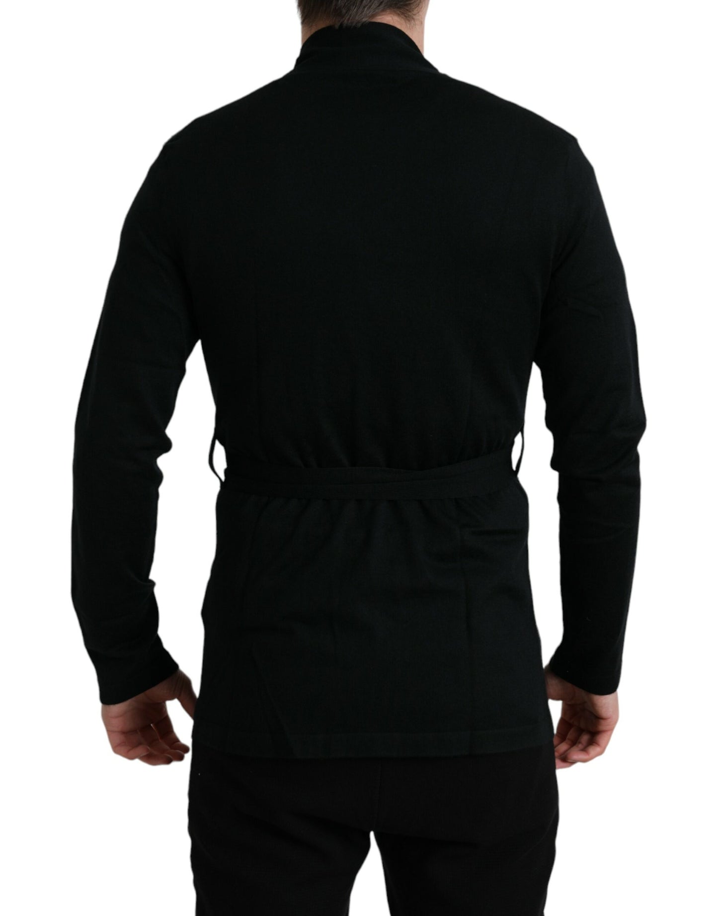 Black Cashmere Long Sleeves Belted Wrap Robe