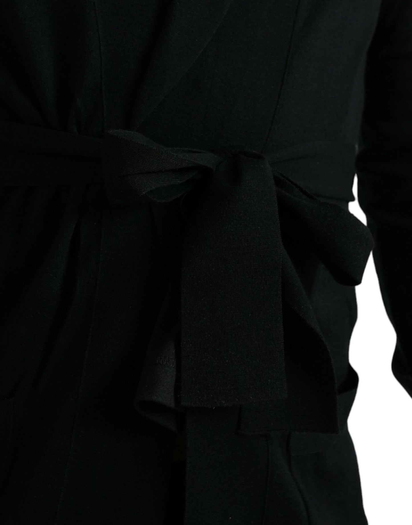 Black Cashmere Long Sleeves Belted Wrap Robe