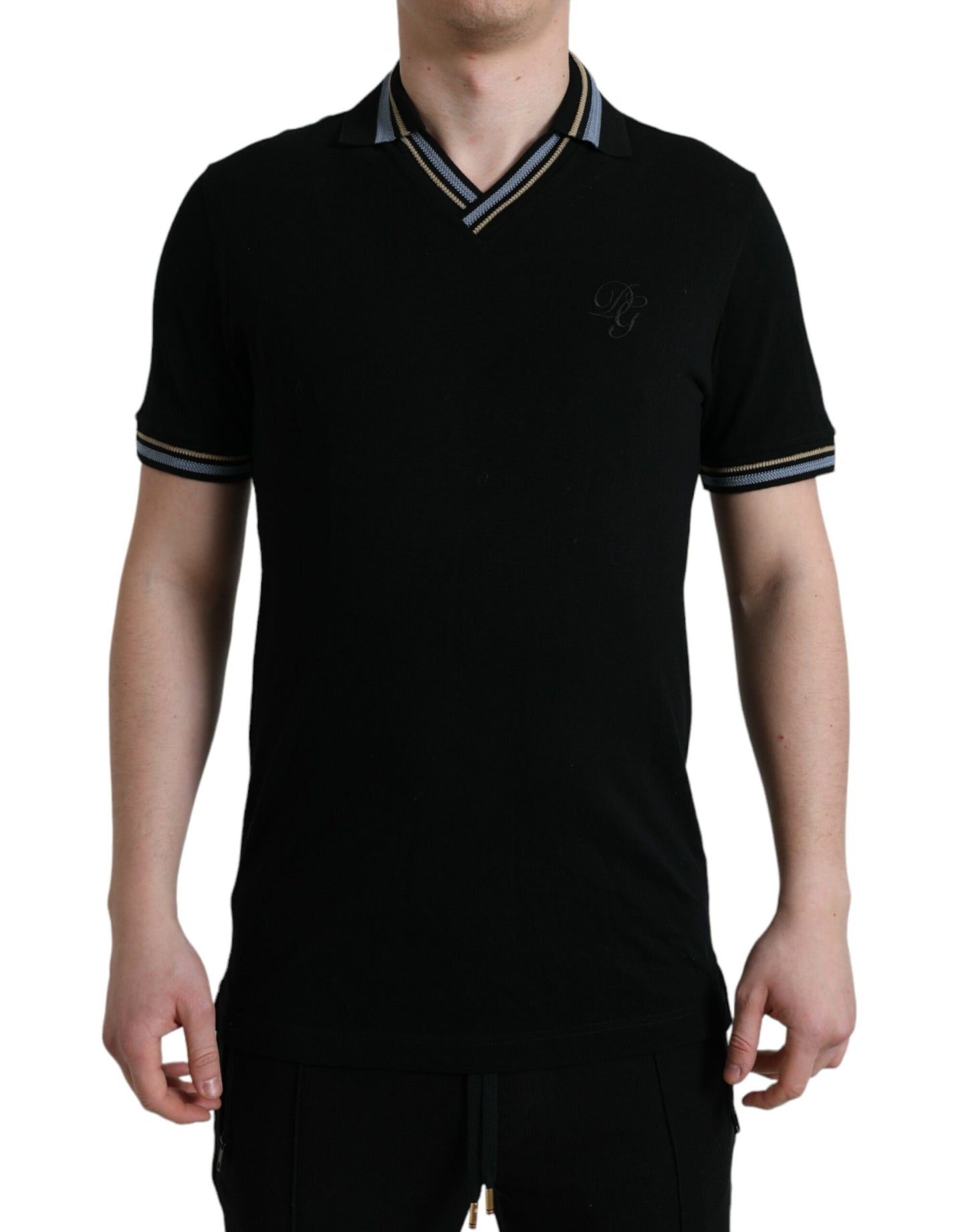 Black Cotton Collared V-neck Polo T-shirt