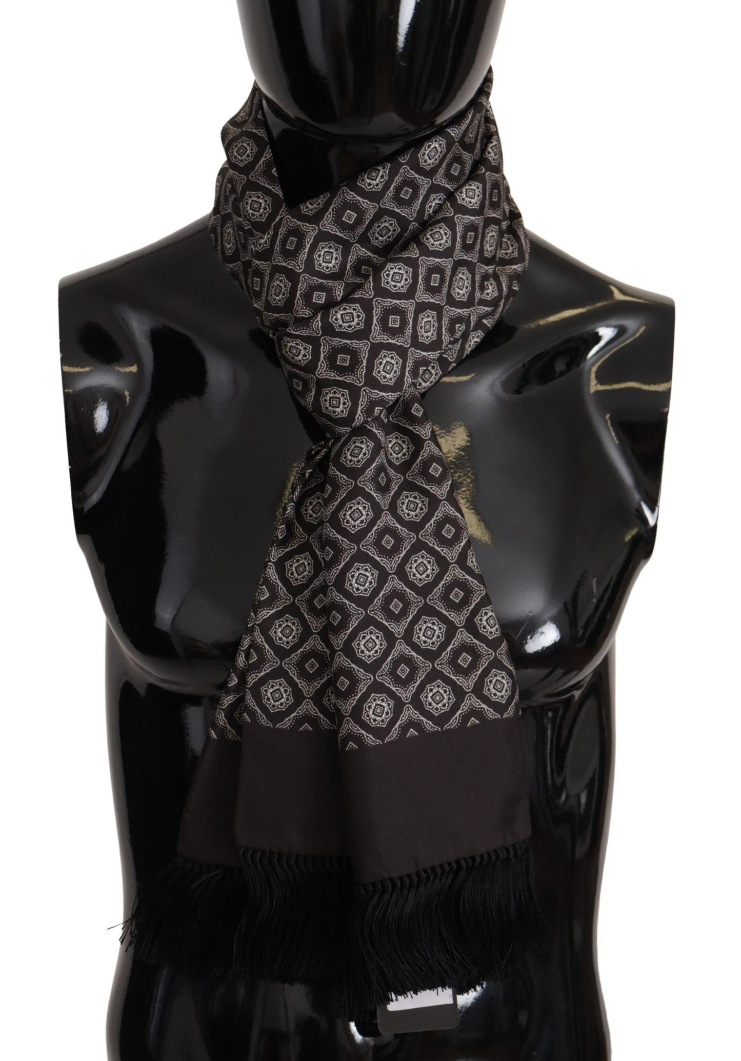 Black Silk Geometric Logo Print Shawl Fringe Scarf