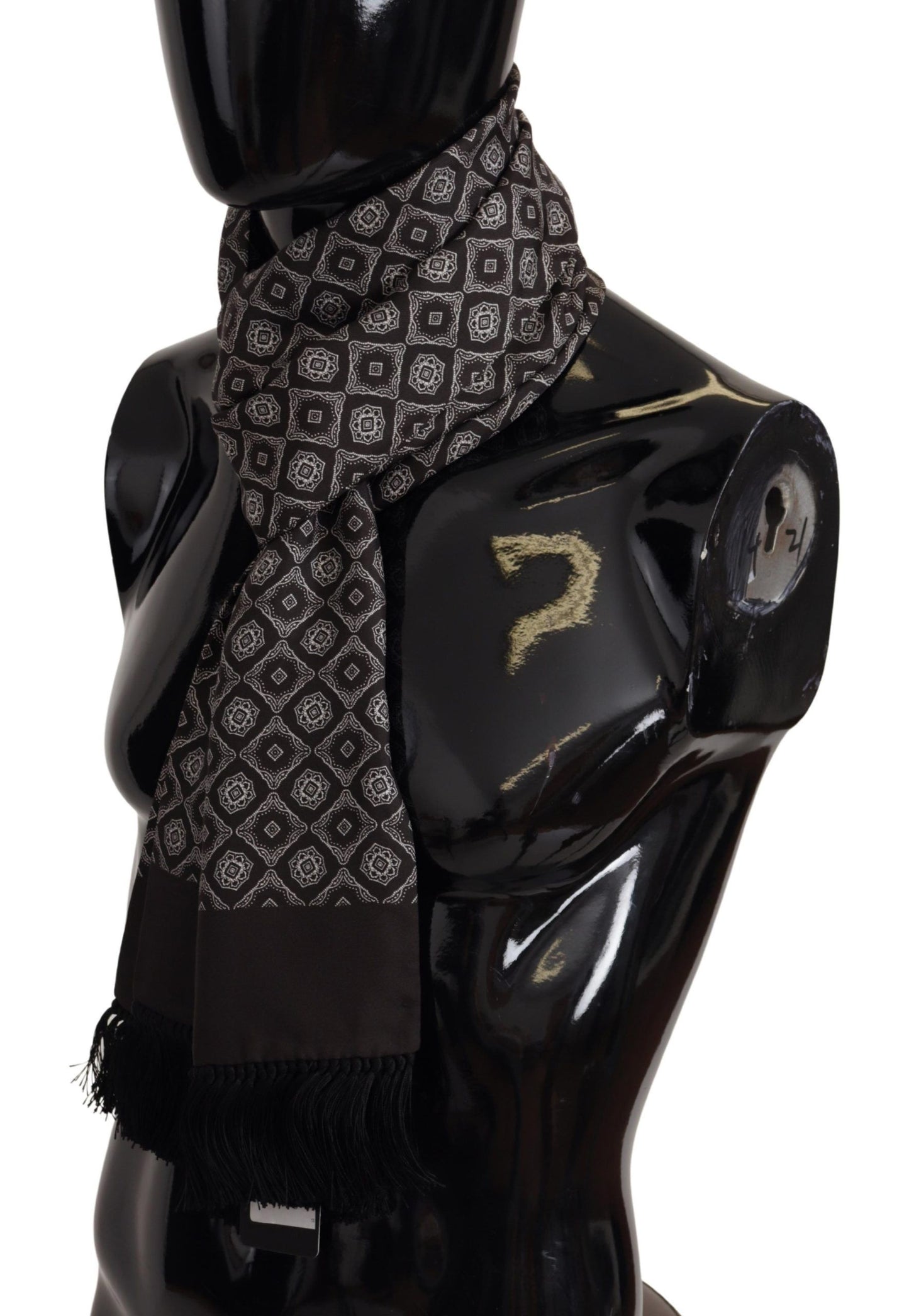 Black Silk Geometric Logo Print Shawl Fringe Scarf