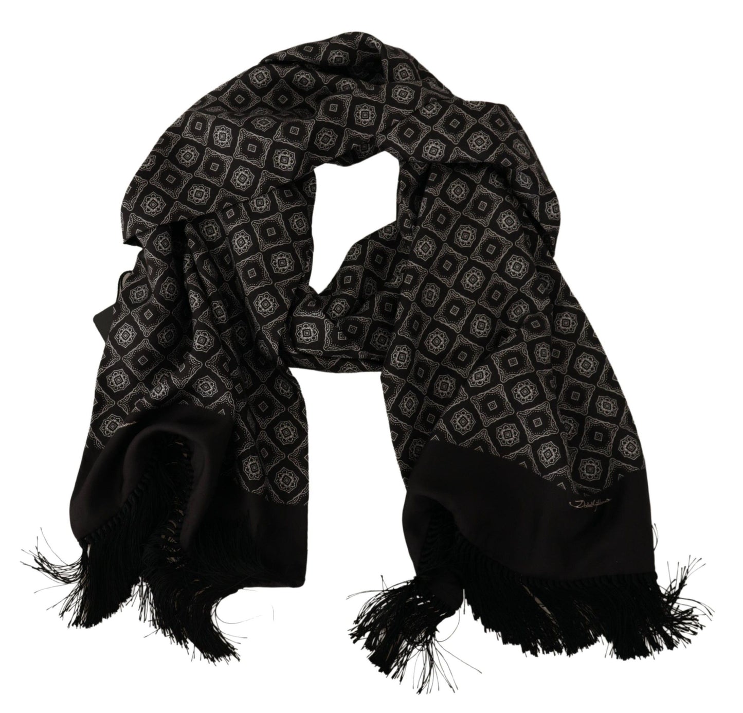 Black Silk Geometric Logo Print Shawl Fringe Scarf