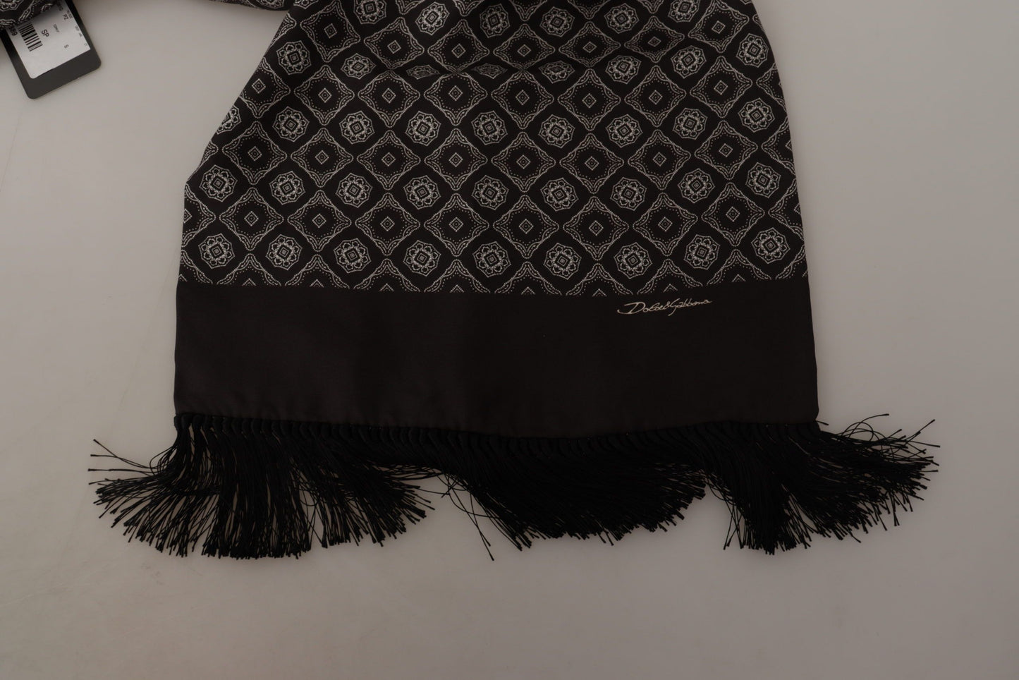 Black Silk Geometric Logo Print Shawl Fringe Scarf