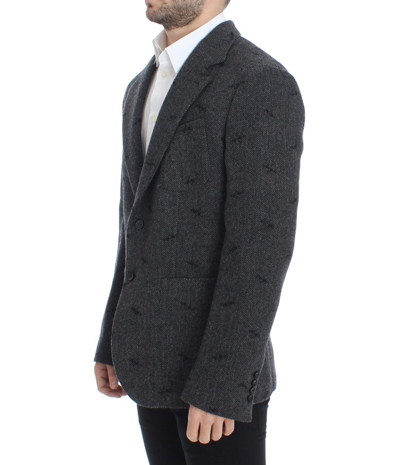 Embroidered Gray Wool Blend Blazer Jacket