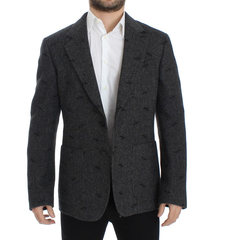 Embroidered Gray Wool Blend Blazer Jacket