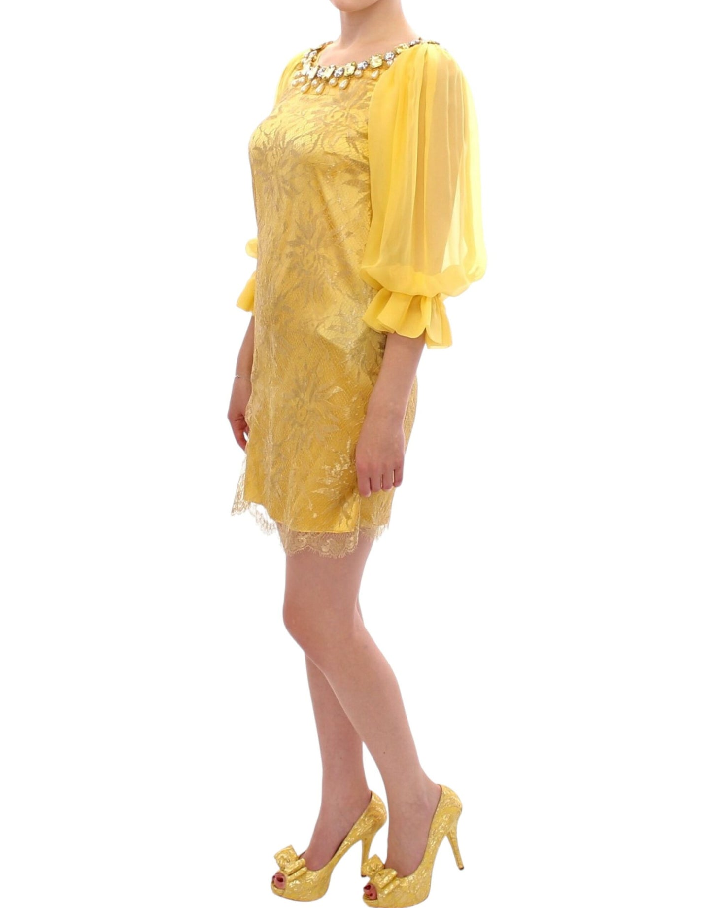 Yellow lace crystal mini dress