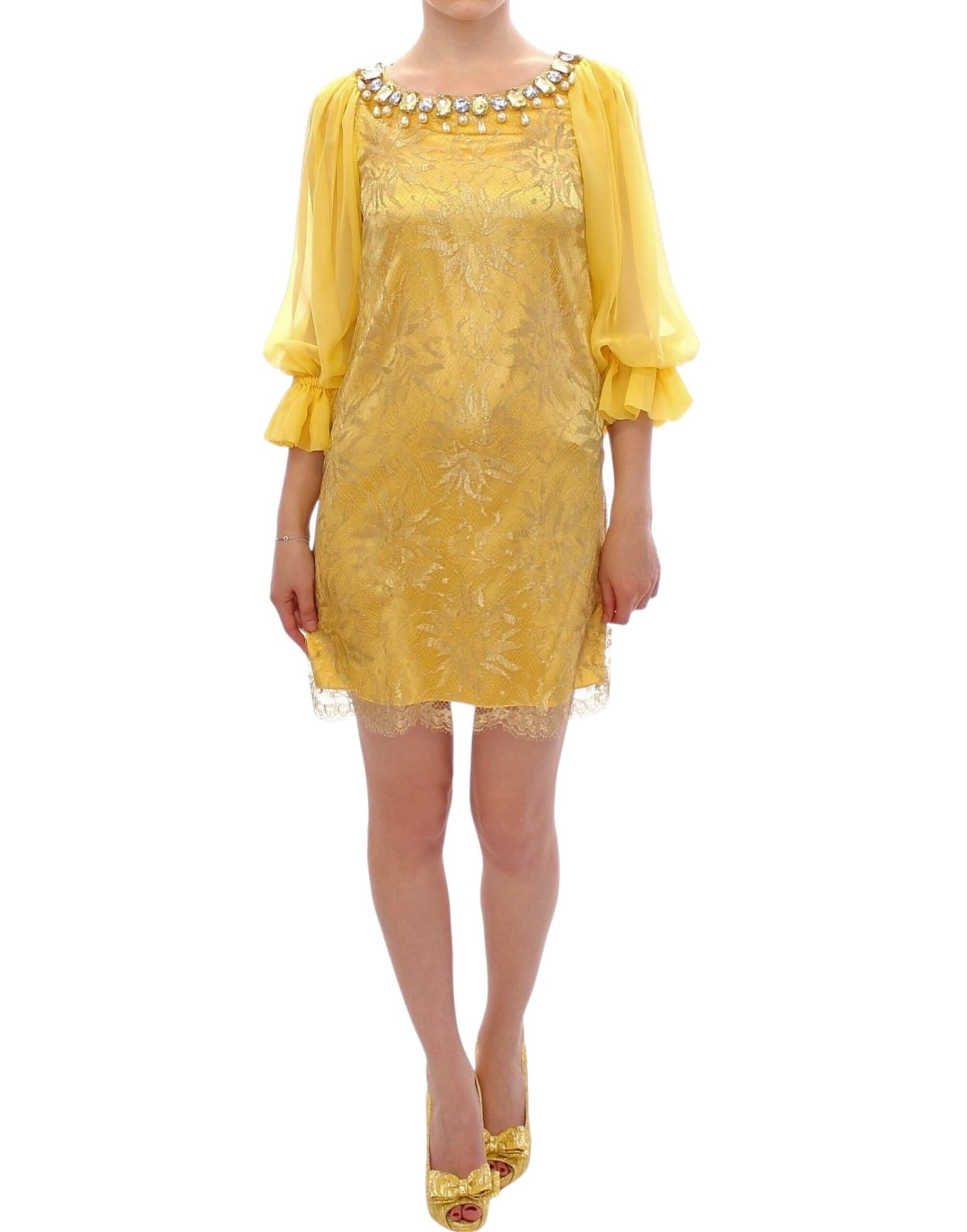 Yellow lace crystal mini dress