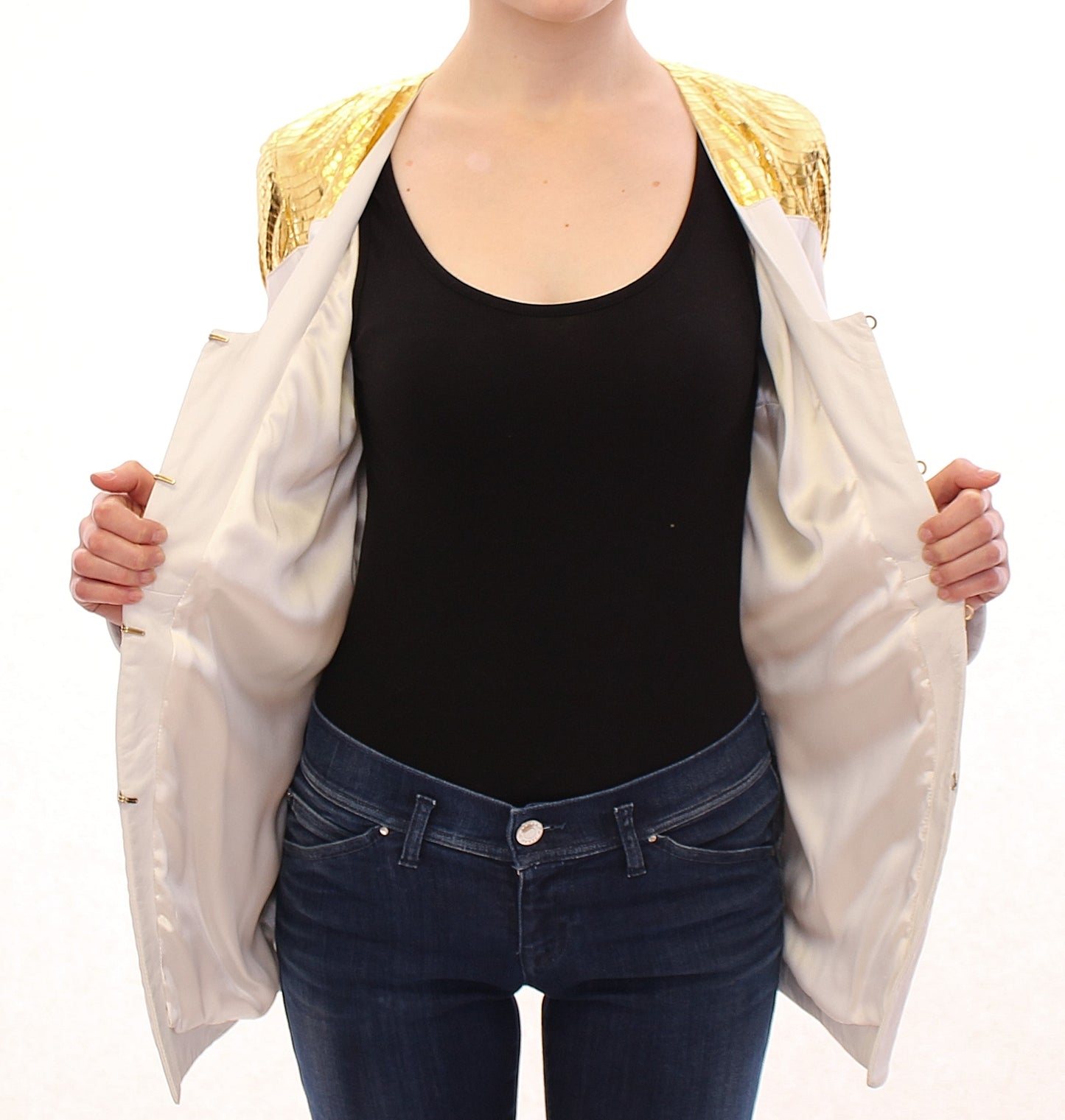 Elegant White & Gold Leather Jacket