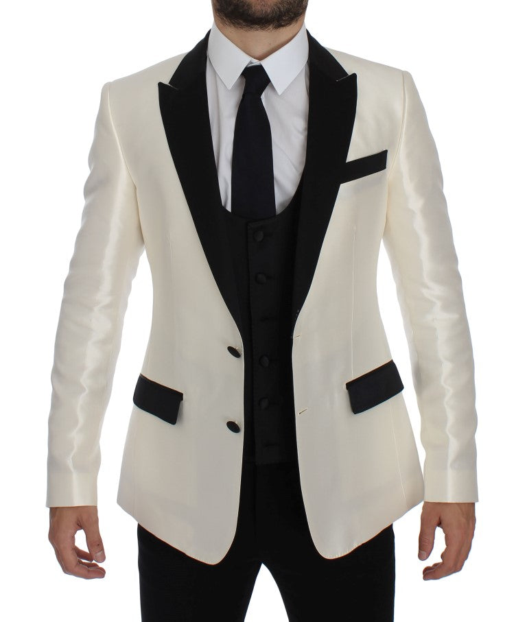 Elegant Black and White Slim Fit Silk Blend Suit