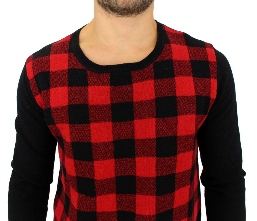 Chic Red & Black Checkered Wool Crewneck Sweater