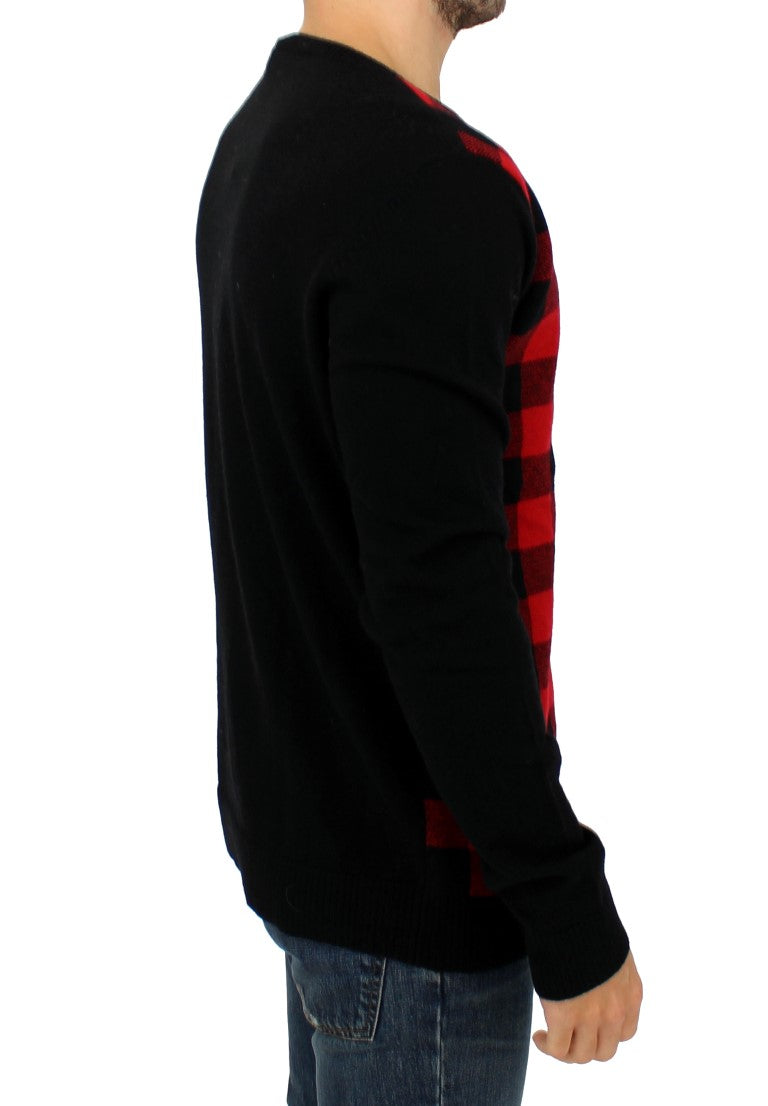 Chic Red & Black Checkered Wool Crewneck Sweater